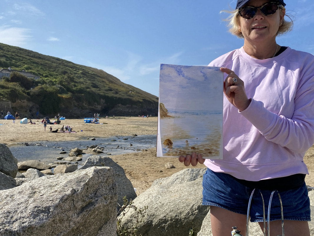 Student paints watercolour based on knowledge, not copying at beautiful Mawgan Porth