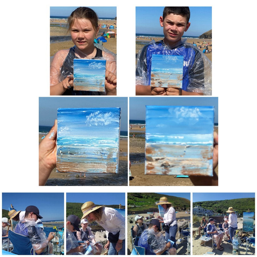 Two children painting with me in the sunshine