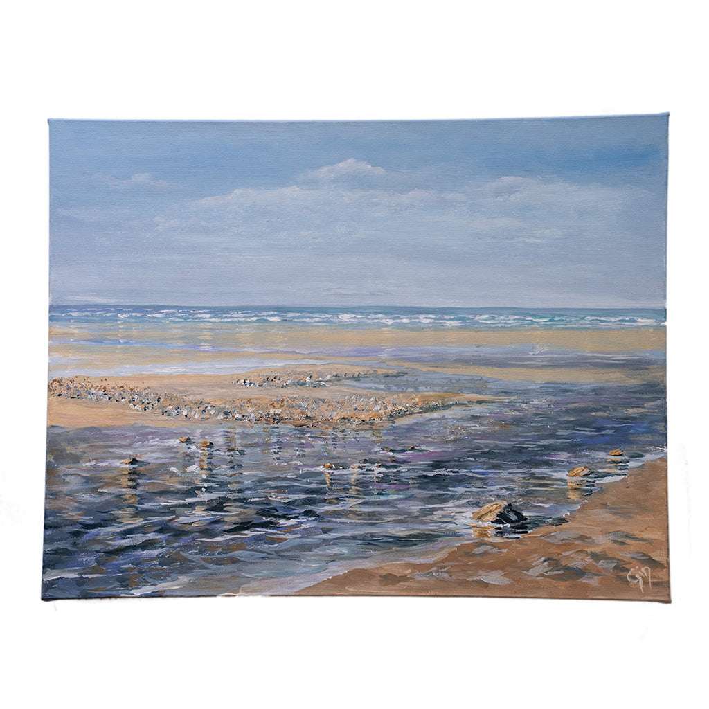 Landscape canvas print with blue sky, ocean waves, and sandy shoreline