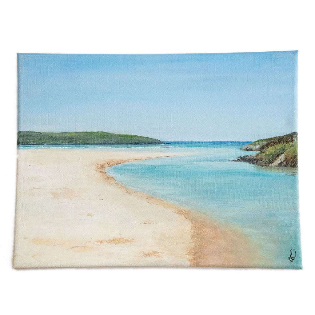 Seaside landscape wall art print with sandy beach, turquoise water, and distant headland
