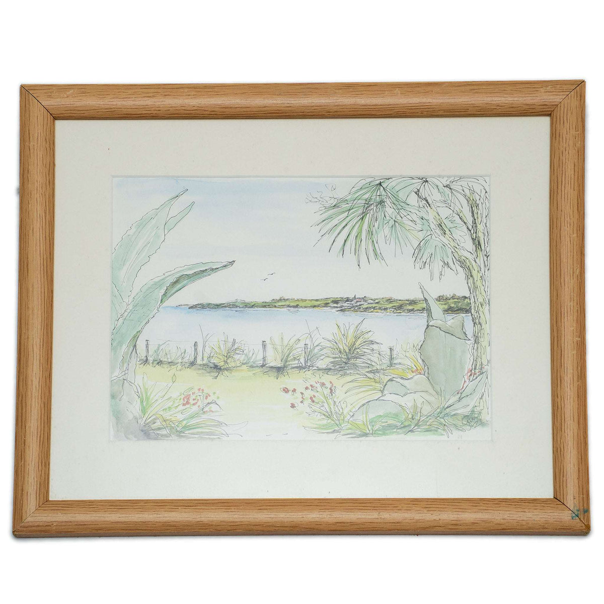Framed pen and wash original landscape artwork with light blue sky and green plants