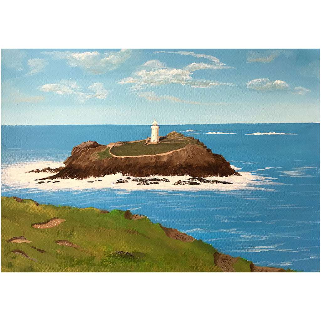 Godrevy Lighthouse wall print with lighthouse on rocky island by blue ocean