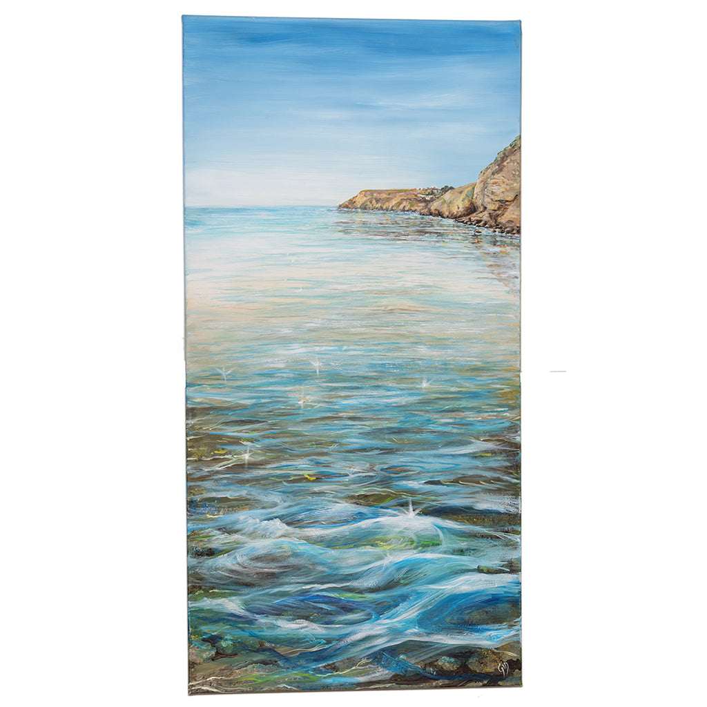 Seascape wall art poster with calm ocean waves and rocky coastline, blue gradient sky