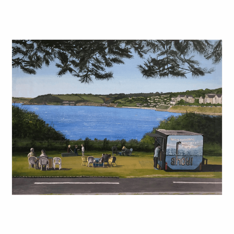 Coffee Ahoy! Falmouth Bay viewed from the ahoy open air cafe area - Print | Art at the Beach | Jeanni Grant-Nelson | Mawgan Porth